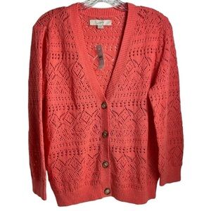 LOFT Women's Coral Crochet Knit Cardigan Sweater Size L Pink Pointelle V-Neck